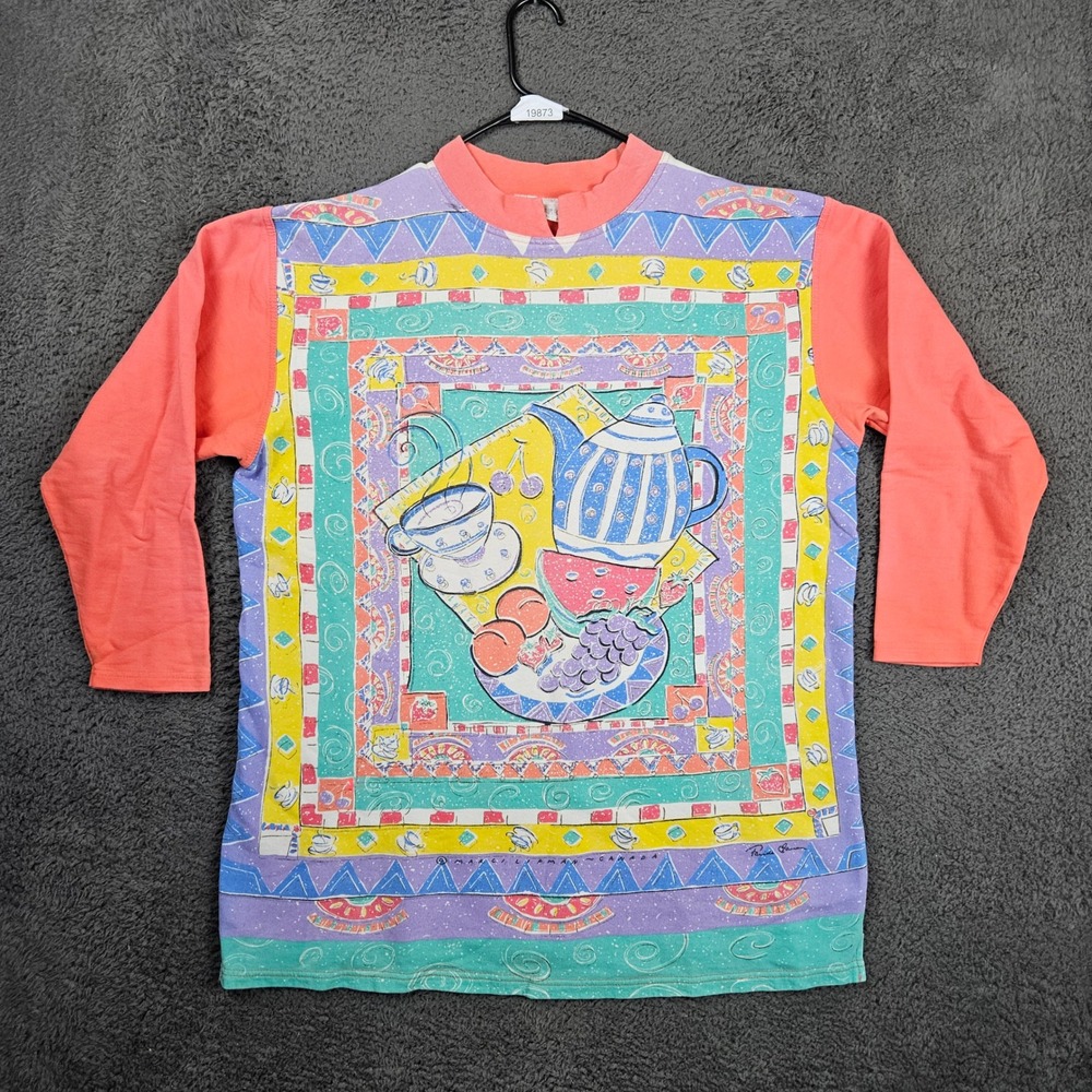 Vintage Marci Lipman Canada Masterpieces Teapot Fruit Graphic Sweatshirt Pink XL